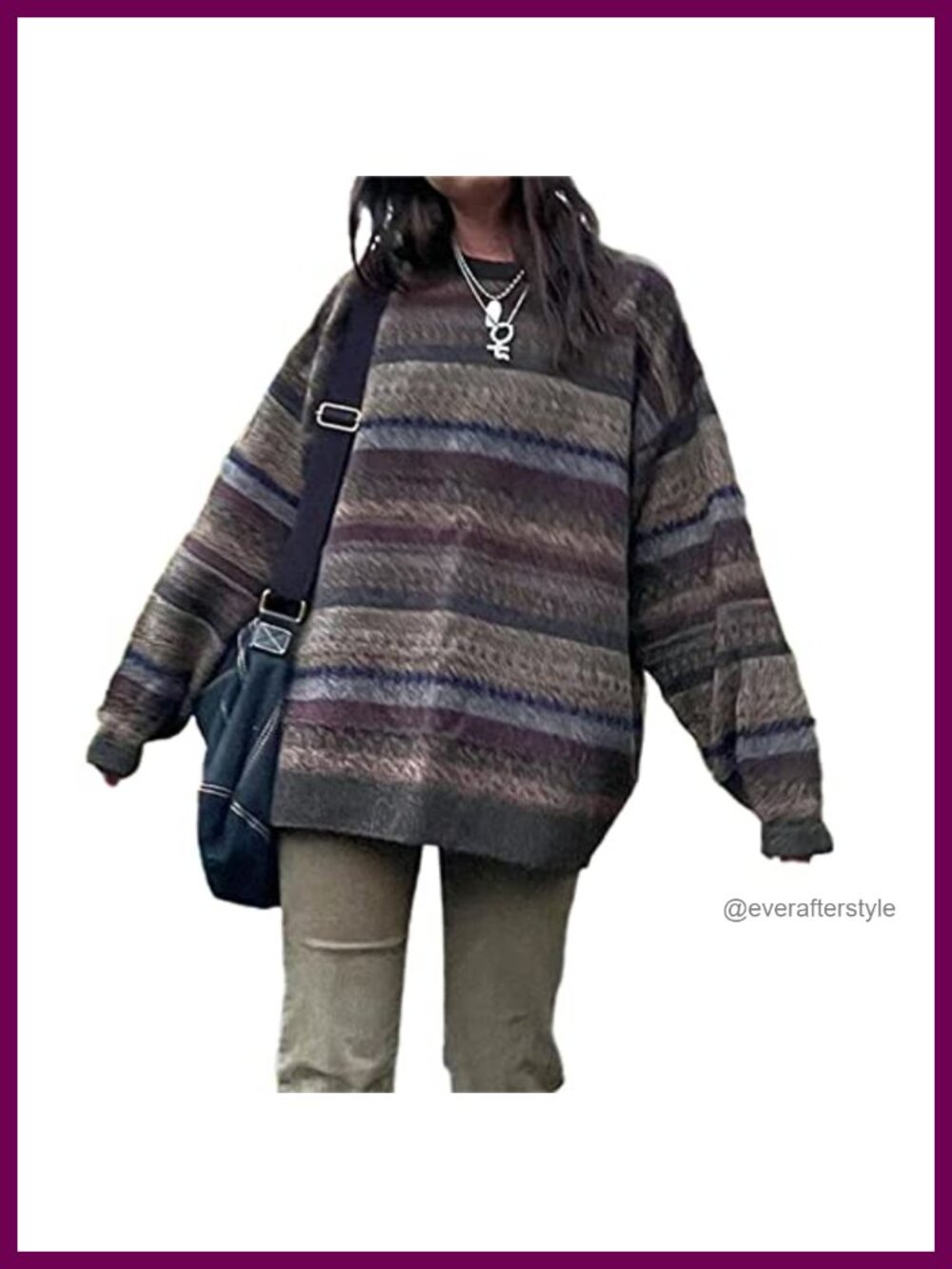 Argyle Striped Knit Pullover Sweater Long Sleeve Round Neck Preppy